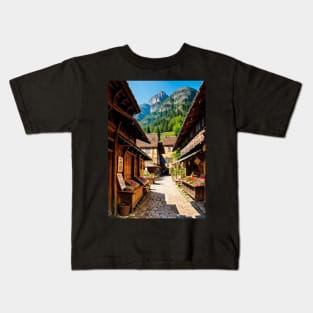 Mountain Towering Over a Medieval Market Square Kids T-Shirt